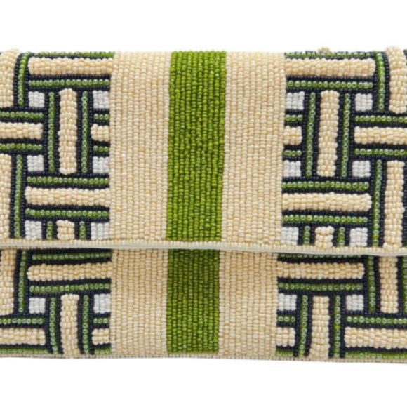 Green Striped Beaded Crossbody Chain Clutch Handbag Bag NEW - Picture 4 of 8